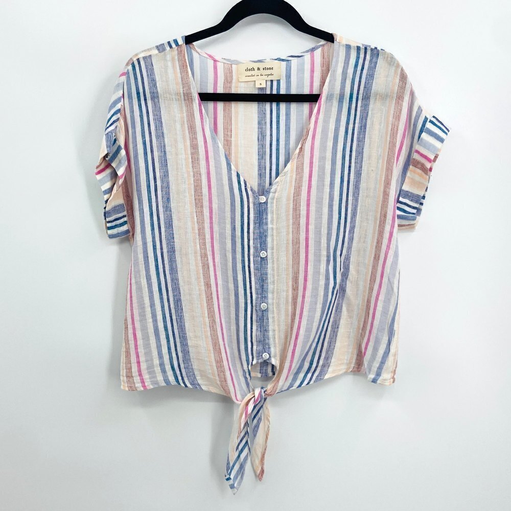 CLOTH & STONE Colorful Stripe Linen Blend Button Up Front Tie Top Size Small